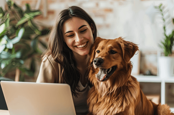 A woman smiles at her laptop while a dog sits comfortably on her lap at her desk.